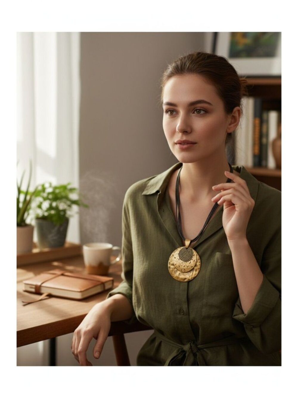 Brass Spiral Pendant Necklace Earrings Multi-strand Cord Bohemian Ethnic Artisan - Picture 10 of 11